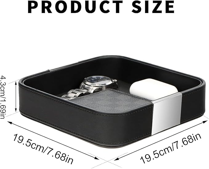 SANZIE Luxury Leather Desktop Storage Small Catchall Organizer Decorative Tray for Entryway Table to Hold Jewelry Watch Cosmetics Keys Phone Wallet, Home & Office Accessories (Metal Silvered, Black)
