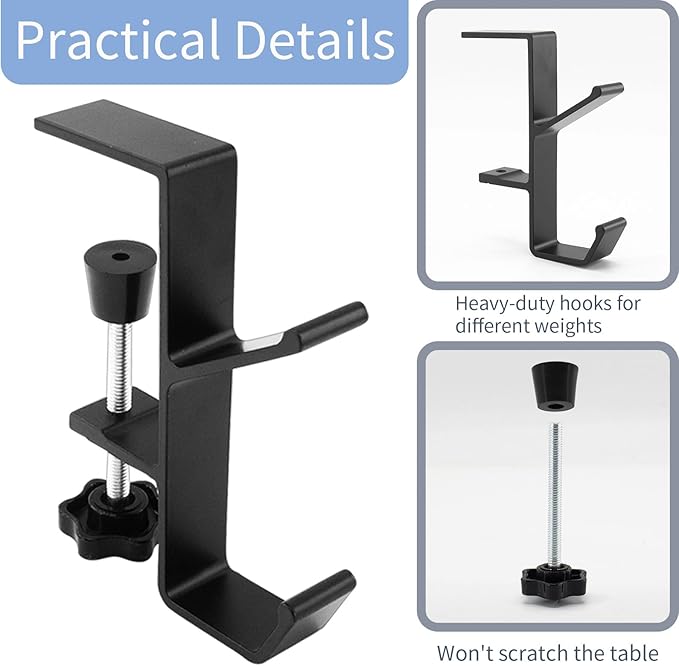 Desk Mount Bag Holder Hook Clamp-On Backpack Hanger Portable Desk Mount Headphones Holder Reduce Desk Clutter for Table Desk, Under Counter (Black, 2Pcs)