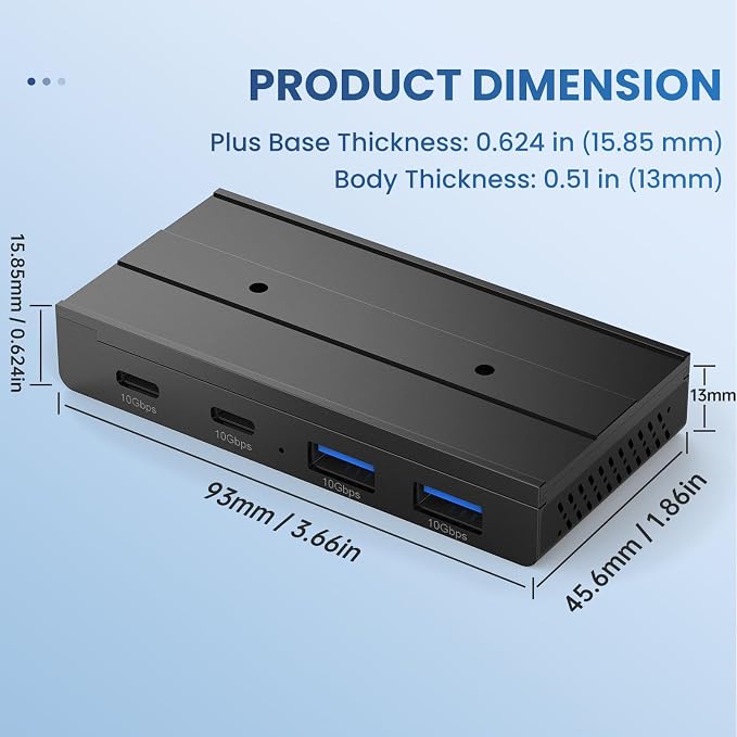 EJAY 10Gbps Magnetic USB-C Hub, 4-Port USB 3.2 Gen2 Desktop Hub with 47" Extra Long Cable, Aluminum USB C Splitter, Under Desk Mount Multi Port USB Hub for MacBook, PC, Surface, SSD, Black