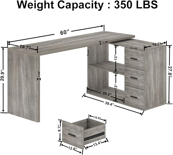 HSH L Shaped Office Desk with Drawers, Reversible Corner Wood Computer Desk Gray, Large L Shaped Desk with Storage Cabinet Shelves for Executive Writing Study, Modern Bedroom Table Grey Oak, 60 Inch