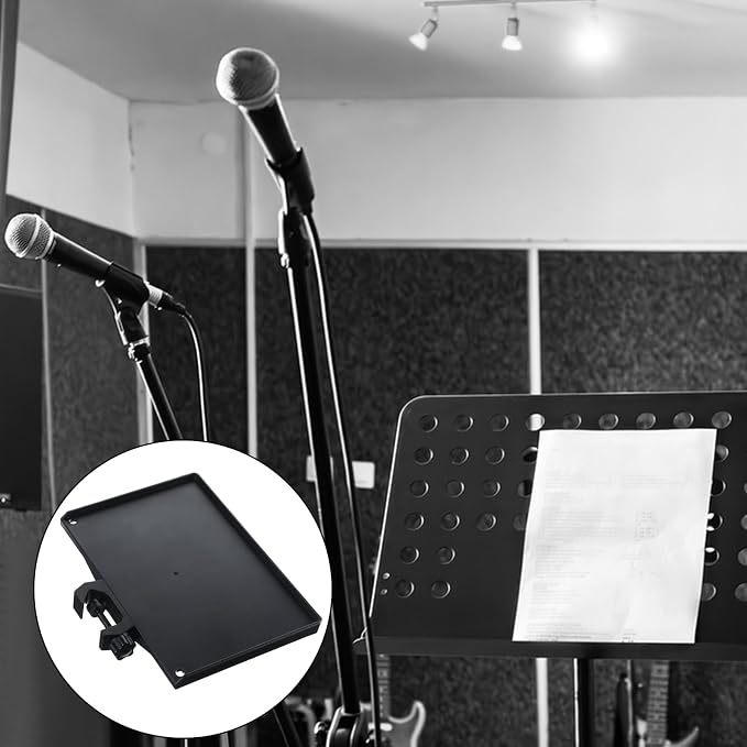 Microphone Stand Tray, Plastic Clamp on Firm Rack Tray Holder, Adjustable Mic Stand Desk Shelf with 4 Pound Capacity for Stage, Music Sheet, Recording, Live Streaming, Karaoke, Podcast (7.9" × 5.5")