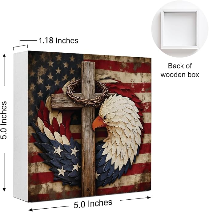 Patriotic Wooden Box Sign,Eagle Cross 4th Of July Signs Home Decor,Independence Memorial Day Block Sign for Desk Shelf Tabletop Decor