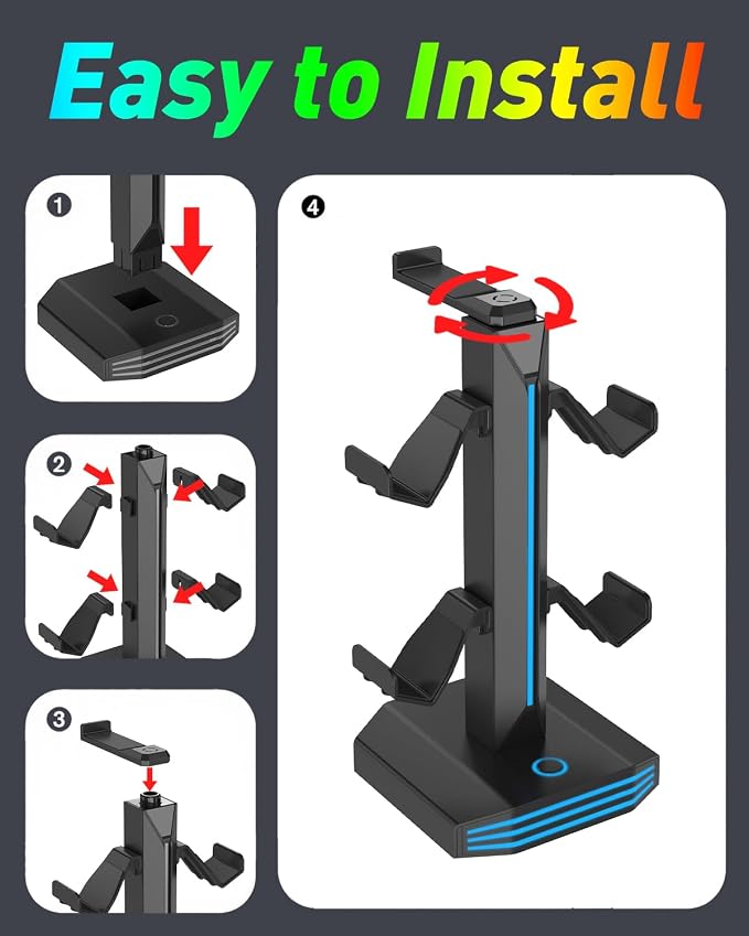 FINTIE RGB Headphone Stand, Gaming Controller Holder for Desk with 9 Lighting Modes, USB/Type-C Charging Ports, Headset Stand Earphone Hanger Accessories for Desktop