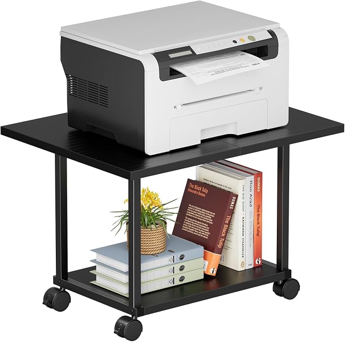 Asgolion Printer Table, 2-Tier Under Desk Printer Stand, Printer Stand with Wheels, Printer Shelf for Small Spaces, Printer Cart for Home Office Black