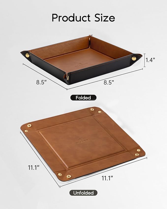 VLANDO Valet Tray Organizer, PU Leather Catchall Tray for Travel | Foldable valet tray for travel, hotel stays and daily carry items like keys, wallet, watch, jewelry and headphones