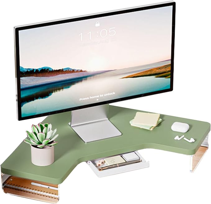 Corner Monitor Stand Clear Acrylic Leg ＆ Wood Corner Screen Stand, L-Shape Desk Triangle Riser for Monitor/Laptop/Computer, Corner Organizer with Drawer (Color : Green), 36655