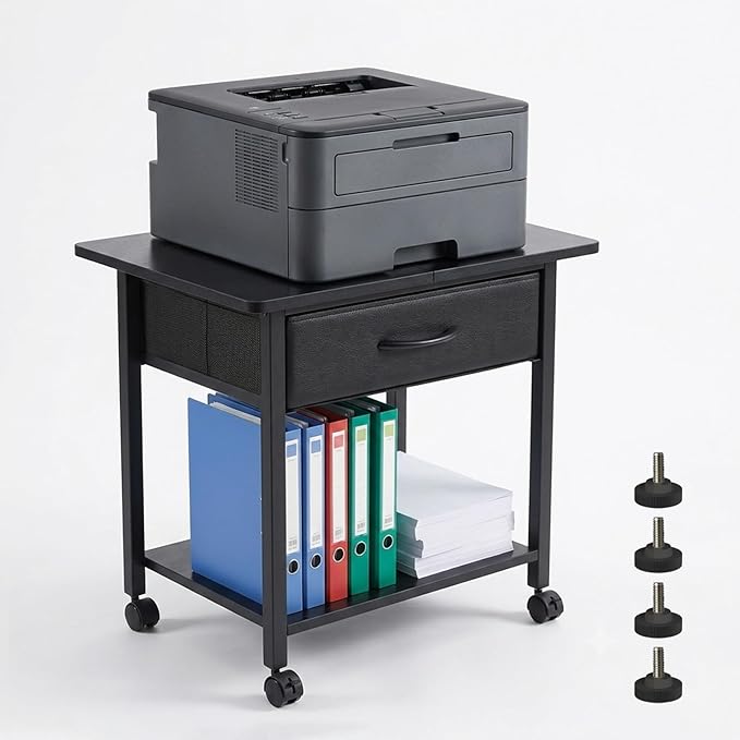 22" x 15" Under Desk Rolling Printer Stand, 2-Tier Industrial Mobile Printer Table with Strong Fabric Drawer, Storage Shelf, Steel Frame and Lockable Wheels, Printer Cart for Home Office (Black)