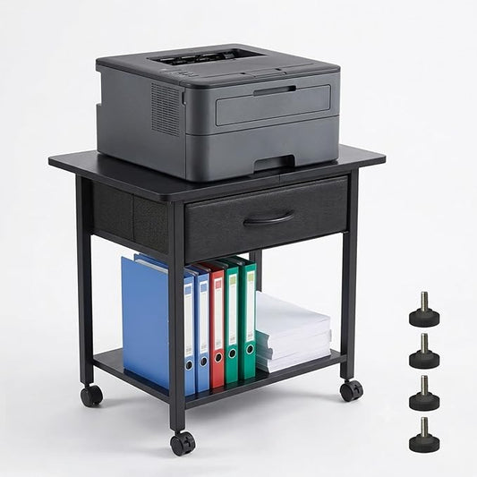 22" x 15" Under Desk Rolling Printer Stand, 2-Tier Industrial Mobile Printer Table with Strong Fabric Drawer, Storage Shelf, Steel Frame and Lockable Wheels, Printer Cart for Home Office (Black)