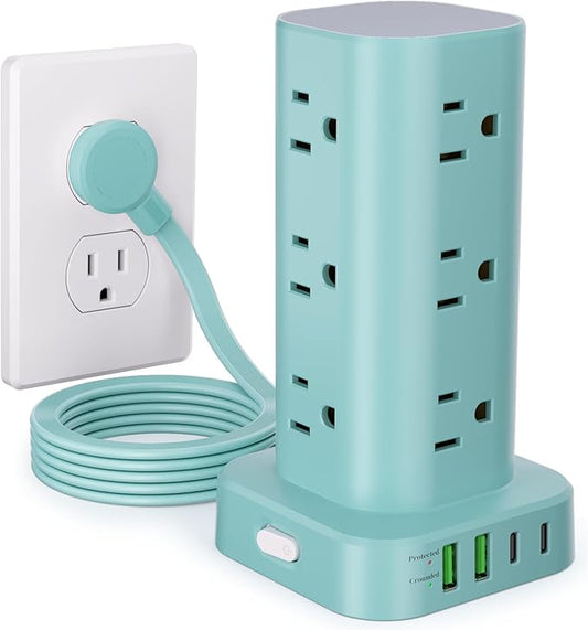 Power Strip Tower with Multiple Outlets, Flat Plug Surge Protector Tower Extension Cord with 12 AC Outlets 4 USB Ports (2 USB C), 6FT Cord Power Tower Surge Protector for Home Office Dorm Room, Blue