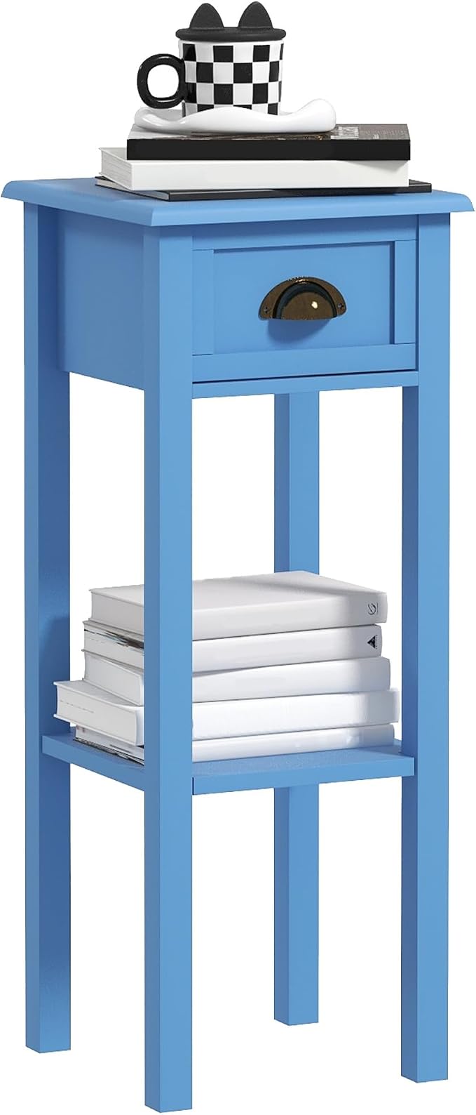 HOMCOM Narrow End Table with Drawer and Bottom Shelf, Slim Side Table for Small Spaces, Skinny Modern Accent Desk for Living Room, Set of 1, Light Blue