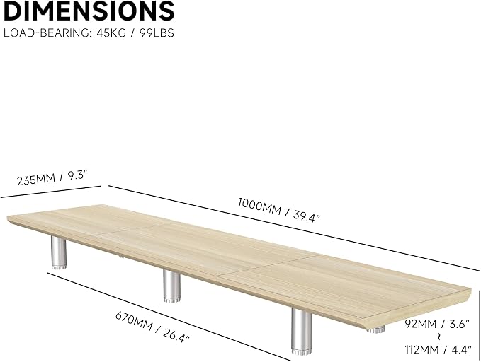Fenge 39.4 Inch Dual Monitor Stand, Height Adjustable Monitor Riser Stand for Desk, Wooden & Steel Monitor Shelf for 2 Computers up to 99lbs, Stable Desk Organizer for PC Laptop TV, Oak