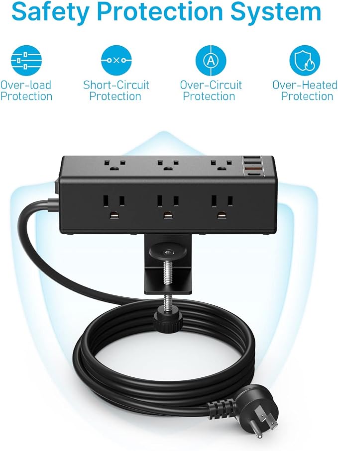 CCCEI Desk Clamp Power Strip with 9 Outlets, Desktop Edge Mount Surge Protector with USB-A and USB-C Ports, Widely Spaced Desk Outlet Fast Charging Station, 6 FT Flat Plug, Fit 1.6 inch Table.