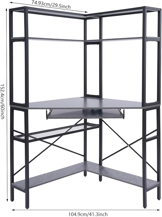Corner Desk with Hutch, 90 Degrees Triangle Computer Desk w/Keyboard Tray & Bookshelves for Small Space Space Saving Writing Desk w/Storage Shelves for Bedroom Apartment (Gray)