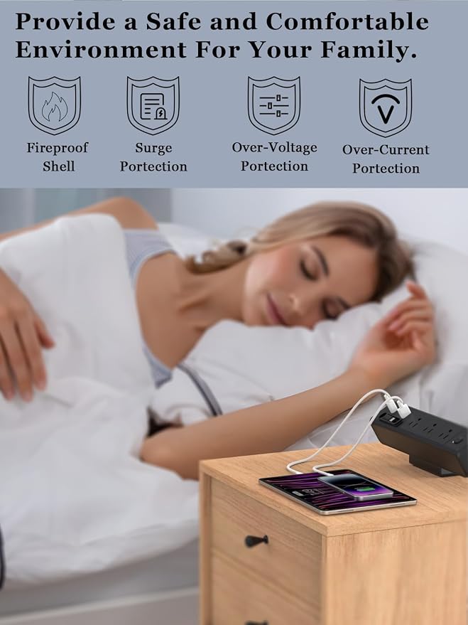 Desk Clamp Power Strip Built-In1 Retractable USB C Cables,Nightstand Charging Station 1 PD20W USB-C&1 USB-A&3 AC,Desk Mount Outlet 6.6 Ft Extension Cord for Conference Rooms, Desktop Accessory.