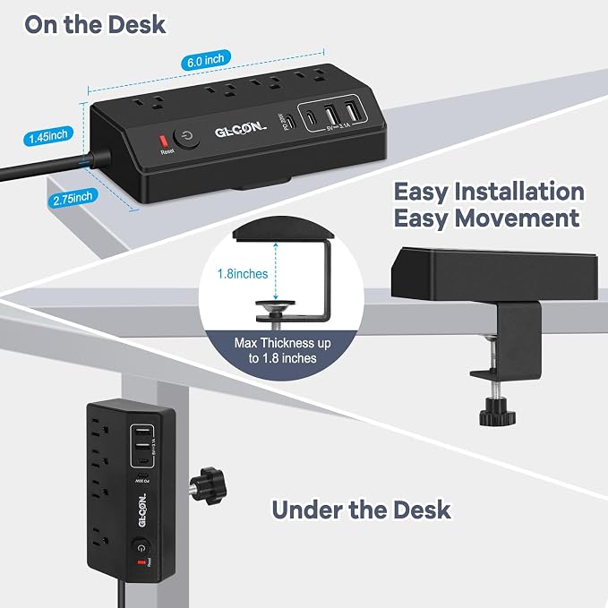 Desk Clamp Power Strip - 20W USB C Fast Charging Station - Desk Power Strip Flat Plug Extension Cord 10FT with 4 USB Ports + 4 Outlets - Desktop Mount Surge Protector - Fit 1.8" Tabletop Edge