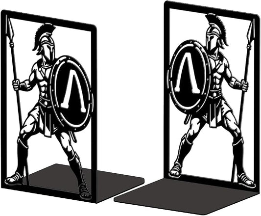 Peacoblue Metal Bookends for Shelves, Modern Decorative Heavy Duty Study Book Ends Stoppers for Office, Desk, Shelf, Room 5.3"x4.3"x7.9" Cast Iron Simple Tall Bookends 1 Pair (Spartan Warriors)