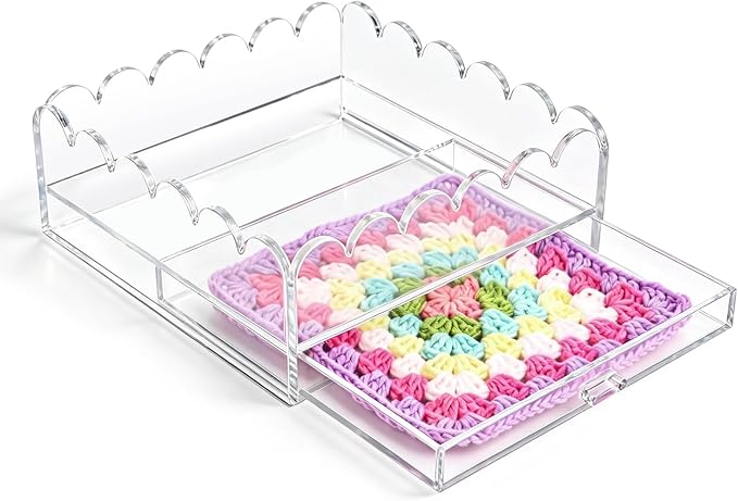 Scalloped Acrylic Tray, 7" x 7" Clear Acrylic Tray with Drawer for Insert Needlepoint, Customizable Photos, Art, Fabric, Napkin, Jewelry Organizer, Modern Desk Decor Gift