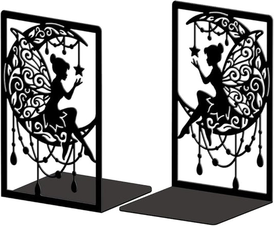 Peacoblue Metal Bookends for Shelves, Modern Decorative Heavy Duty Study Book Ends Stoppers for Office, Desk, Shelf, Room 5.3"x4.3"x7.9" Cast Iron Simple Tall Bookends 1 Pair (Moon and Fairy)