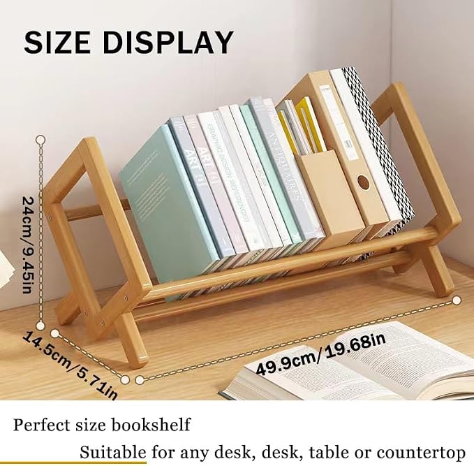 Wood Tilting Bookcase in Living Room/Home/Office, Desktop Book Shelf Organizer Bookshelves Storage Rack for CDs/Magazine/Books Display (Yellow, 19.68"-L)