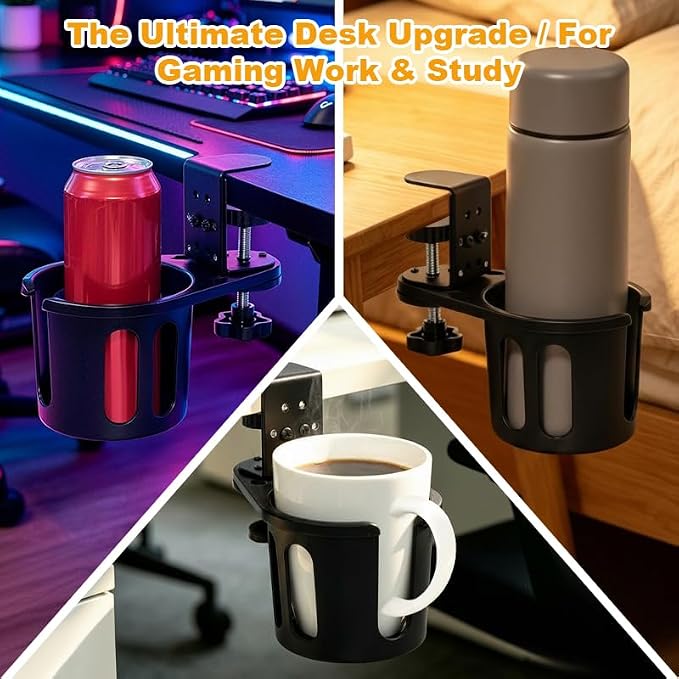 Deep Cup Holder Desk Clamp, Anti-Spill Clip On Table Drink Holder for 40oz Mug & Water Bottle, 3.15" Large Metal Mount Attachment, 360° Rotating Gaming Desk Accessories