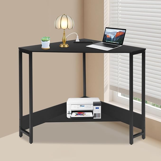 Corner Desk with Outlets and USB Ports, 26.77x26.77x29.53in Triangle Desk with Storage for Home Office, Workstation, Living Room, Bedroom, Small Space (Black)