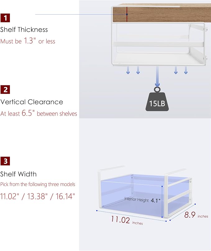 Nxconsu 2 Pack Small Compact Heavy Duty Under Cabinet Organizer, Slide-Under Shelf Basket with Metal Bottom, Hanging Pantry Shelf for Kitchen Cupboard Bookshelf Closet, Holds 15 lbs, White, 11.02"