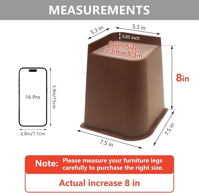 Bed Risers 8 inch Heavy Duty Dark Brown, 4 Pack Oversized Furniture Risers, Bed Lifts Risers for Table, Chair, Couch, Desk, Bed Frame Risers Supports Up to 6,500 Lbs