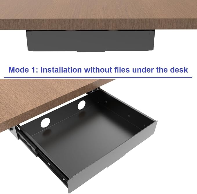 Under Desk Mounted Slide out Drawer, W 13.4" x D 9.3" Storage Organizer with Cable Management，Pull Out Add-On Storage for Office & Standing Desks with High Crossbar, Metal, Black (Medium)