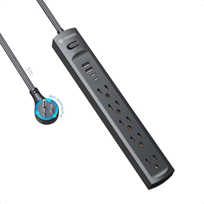 TROND Surge Protector Power Strip with 360° Rotating Flat Plug, 5 Widely Spaced Outlets with 2 USB C and 2 USB A, 1440J Surge Protector, Wall Mountable, Extension Cord 3ft for Home Office Dorm, Black