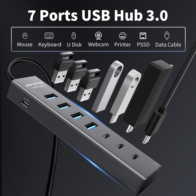 6Ft 7-Port USB Hub 3.0 for Desktop, 4 USB-A & 3 USB-C Ports Aluminium 5Gbps USB Extender Hub, USB Splitter, USB Hub Long Cable for Desktop, PC, Flash Drive, Mobile HDD SSD, Windows/XPS