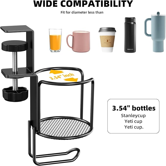CABTE 2 in 1 Desk Cup Holder with Headphone Hanger Holder, Anti-Spill Clip-On Table Cup Hook with 360° Rotation for Lawn Chair, Office Home Gaming Table (1 Pack)