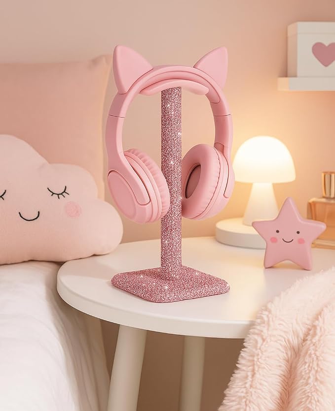 Cute Pink Headphone Stand for Desk - Rhinestone Bling Headset Holder with Soft Headrest, Sparkle Kawaii Desk Accessories for Gamer Girls & Women, Aesthetic Gift for Teen Girl Birthday (Crystal)