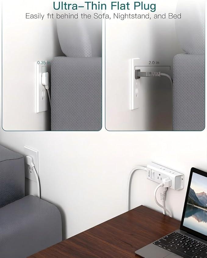Addtam Flat Plug Power Strip with 6 Outlet Extender, 1 FT Extension Cord Flat Wall Plug with Multiple Outlets, No Surge Protector for Cruise Ship, Travel, Dorm, Home Office, Cruise Essentials, White