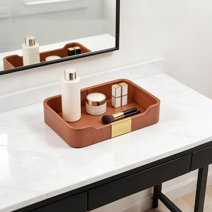 Luxury Leather Valet Tray Desktop Storage Organizer,Bedside Vanity Catchall Tray Nightstand Caddy Holder for Cosmetic,Jewelry,Watch,Keys,Phone,Wallet,Remote Controller,Pen,Orange