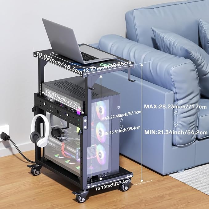Computer Tower Stand with Power Outlet, 6 Level Height Ajustable PC Tower Stand for Floor, Mobile Rolling CPU Holder Cart for Gaming, Office, Home, 21.34"-28.3", Black