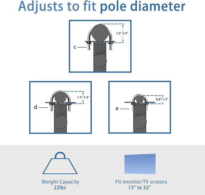 suptek Monitor Bracket Pole Mount Diameter Pole Adjustable Supports 0.8-2.4 Inch, Fits Monitor/TV Screens 13-32 Inch, Load Capacity 22lbs