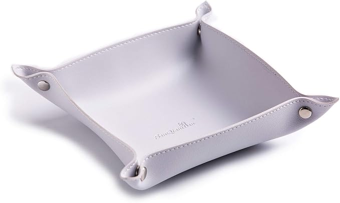 Leather Jewelry Valet Tray for Women and Man, Entryway Table Bedside Nightstand Desk Portable Small Catchall Travel Dish Plate for Key,Wallet,Watch,Coin(Grey White-B)