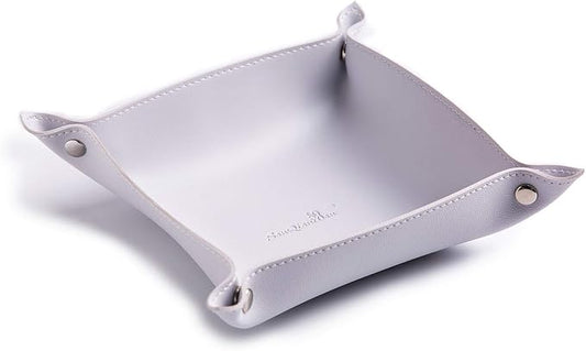 Leather Jewelry Valet Tray for Women and Man, Entryway Table Bedside Nightstand Desk Portable Small Catchall Travel Dish Plate for Key,Wallet,Watch,Coin(Grey White-B)
