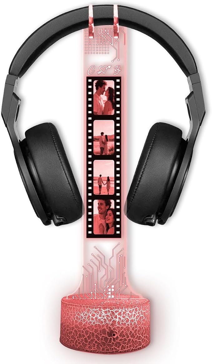 Personalized RGB LED Headphone, Custom Couple Photo Headset Holder, Gaming Decor Gift for Boyfriend Girlfriend, Valentines Day Gift for Him Her, Custom Couple Gifts, Gifts for Gamers