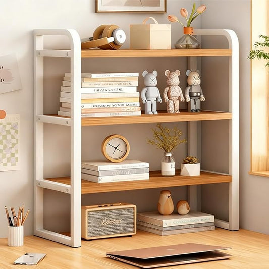 Office Desk Shelf Organizer, Wood Desktop Bookshelf Supplies Storage Rack, Shelf for Top of Desk and Dresser and Cubicle Decor Aesthetic Bookshelf (White Wood-three Tier, 15.75 Lx7.87 Wx22.05 H)