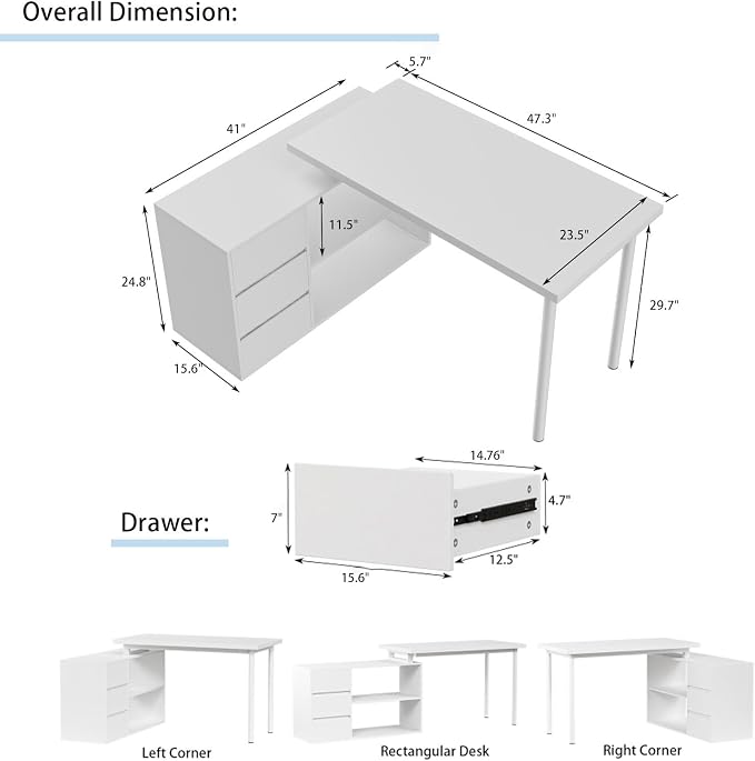 Mekminop L Shape Computer Desk with 3 Drawers and 2 Shelves, Home Office Desk Corner Small Desk with Storage Cabinet for Writing Study Executive – White