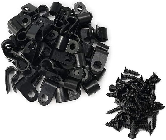 Cable Clamp R-Type Cable Clip Wire Clamp 1/4-inch Nylon Screw Mounting Cord Fastener Clips with Screws for Wire Management - 50 Pcs Cable Clamps + 50 Pcs Screws