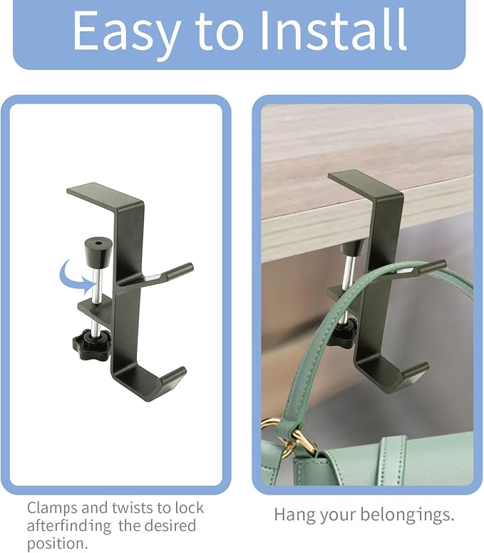 Desk Mount Bag Holder Hook Clamp-On Backpack Hanger Portable Desk Mount Headphones Holder Reduce Desk Clutter for Table Desk, Under Counter (Grey)