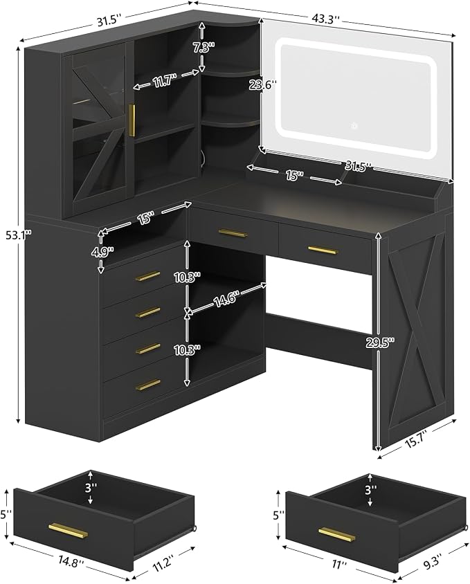 L-Shaped Corner Vanity Desk with LED Lighted Mirror & Charging Station, Black Makeup Vanity with 6 Drawers & Sliding RGB Cabinet, Large Farmhouse Dressing Table with Open Storage Shelves for Women