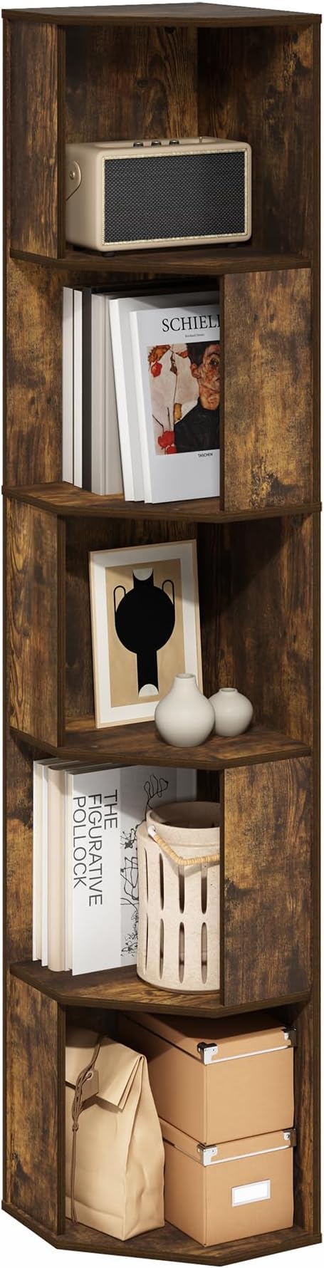 Furinno ECON Corner Shelf, 5-Tier Corner Book Shelf, Standing Storage Shelves, Cube Display Rack, Bookshelf, for Organization and Storage, Living Room, Home Office, Amber Pine