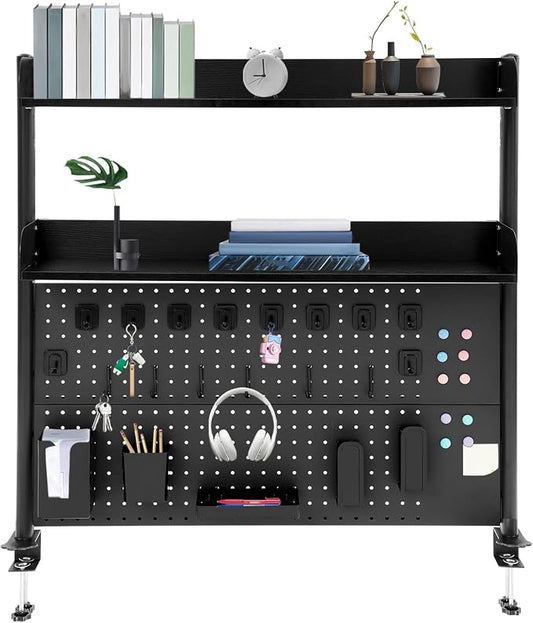 Clamp on Desk Shelf with Pegboard, Desk Extender Pegboard Workstation, Desktop Bookshelf Storage Shelves for Home Office Dorm, 37.4in (Black)