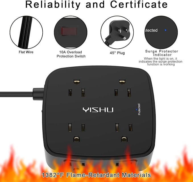 10 Ft Surge Protector Power Strip - YISHU 8 Widely Outlets with 4 USB Ports, 3 Side Outlet Extender with 10 Feet Flat Extension Cord, Ultra Flat Plug, Wall Mount, Desk USB Charging Station, ETL, Black