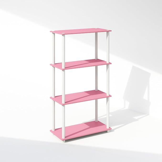 Furinno Turn-N-Tube Book Shelf, 4-Tier Bookshelf, Bookcase with Multipurpose Compact Display Rack, 11.6 x 23.6 x 43.2, for Living Room, Bedroom, Home Office, Pink/White