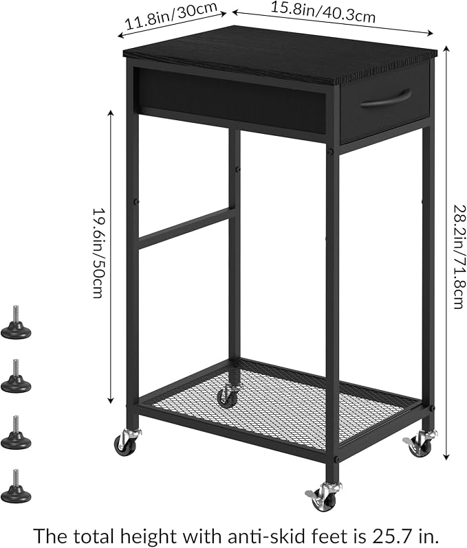 CADUKE 2 Tier PC Stand - Black Computer Tower Stand with Fabric Drawer, Modern Printer Stand with Wheels, Under Desk for Office & Study Room