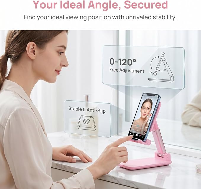 Phone Stand for Desk Cell Phone Holder Stands for iphones, Sakura Pink | Mini, Cute, Portable, Fully Foldable, Under 8" Devices, All Smart phones, Office Accessories